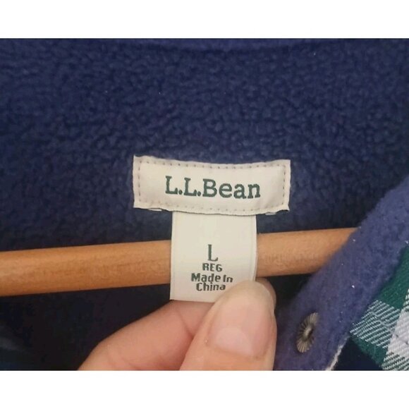 LL Bean Fleece-Lined Flannel Shirt Size Large Blue Shacket Snap-Front Plaid - Picture 6 of 11